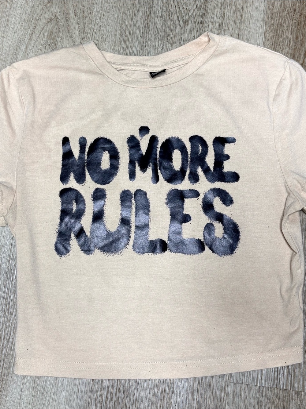 SHEIN Cream Tee with Navy 'NO MORE RULES' Graphic